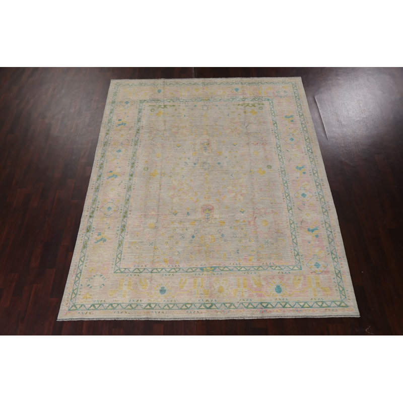 Tapis gris / beige / vert en laine noué à la main de conception unique 8 pi 2 po x 9 pi 10 po