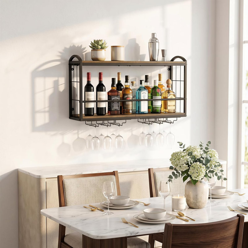 Support à vin mural, tablette de bar flottante avec tablettes en bois à 2 niveaux et porte-verre à vin