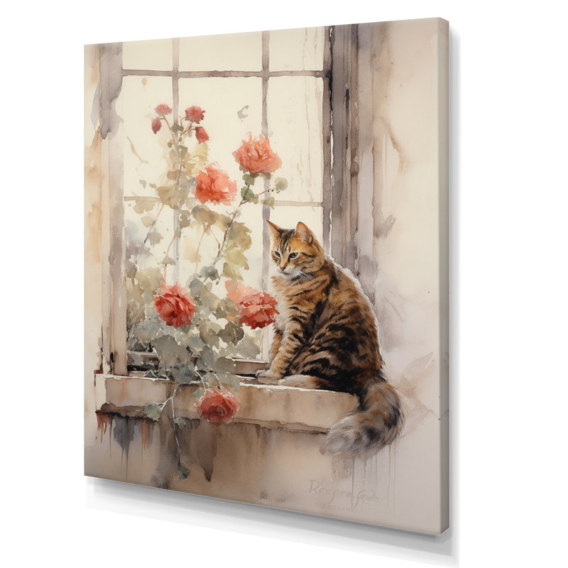 Chat brun assis sur une fenêtre, impression sur toile, Toile tendue, H 40 po x l 30 po x P 1,5 po