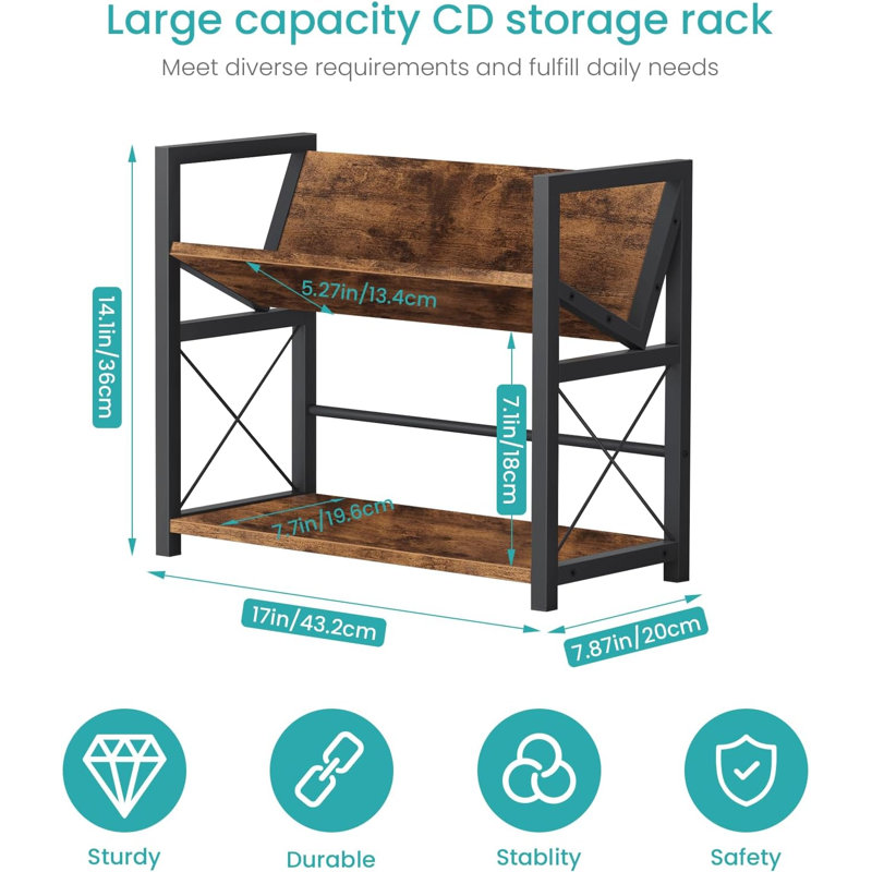 Présentoir à CD à 2 niveaux, tablette de bureau pouvant contenir jusqu'à 80 CD ou 56 DVD, tour de rangement de DVD inclinable au style rétro, brun rustique