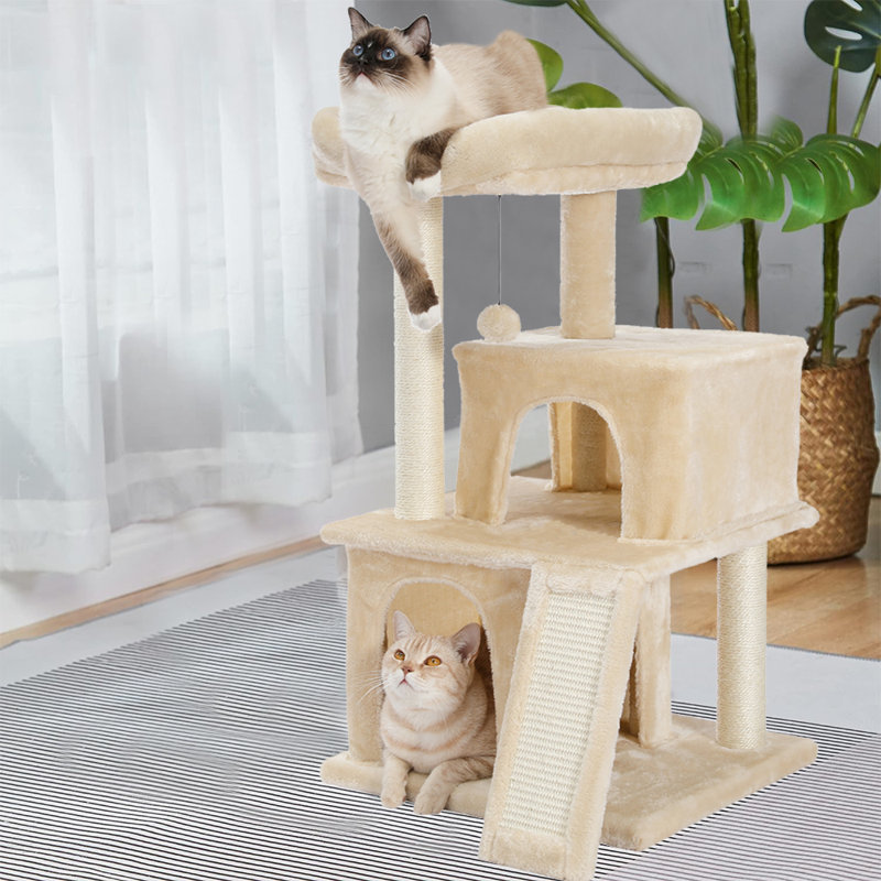 33 Inches Cat Tower with Dual Condos for Indoor Cats, Plush Cat House with Padded Perch, Scratching Ramp and Posts，Beige