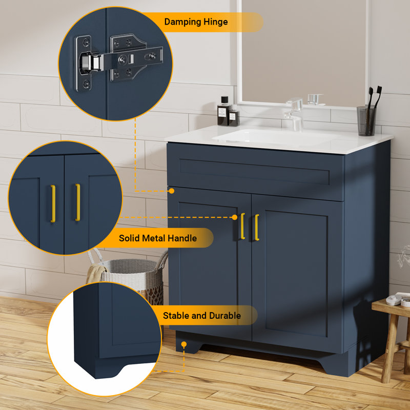 30" Bathroom Vanity with Sink, Farmhouse Wooden Double Door Bathroom Storage Cabinet,Freestanding Farmhouse Cabinet Vanity with Ceramic Sink (Paint, Blue,30")