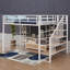 Lit mezzanine double en métal avec escalier, table intégrée et tablettes de rangement-566978670