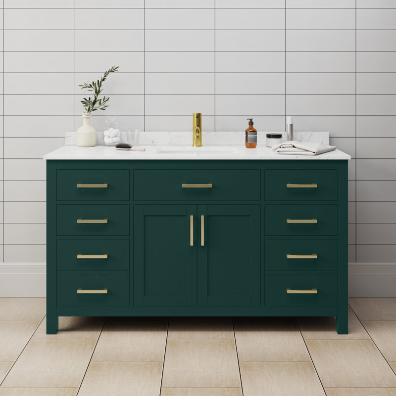 Beckett 60" Freestanding Single Bathroom Vanity with Cultured Marble Top, Carrara Cultured Marble, Brushed Gold, Green