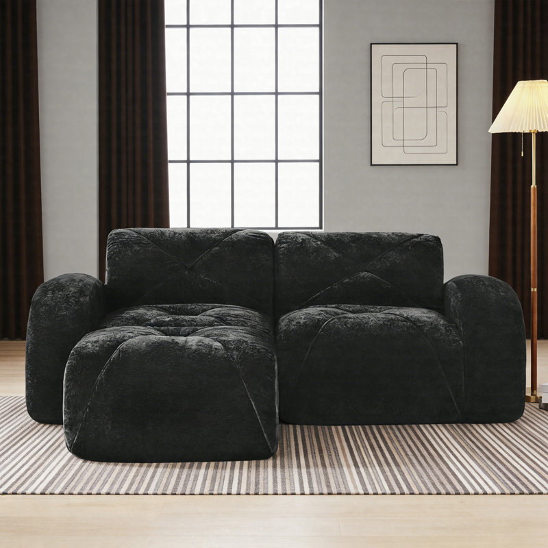 Canapé 2 places à dossier nu avec repose-pieds mobile, causeuse en velours capitonné avec mousse haute densité, canapé modulaire sans assemblage pour salon et appartement