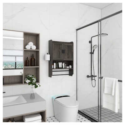 Meuble de salle de bain mural à installer au-dessus des toilettes, avec tablette ajustable et porte-serviettes.