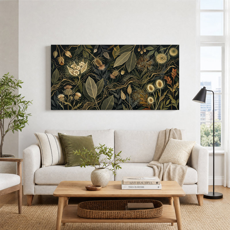 Art sur toile, feuilles dorées et fleurs sur fond foncé, L 32 po x H 16 po