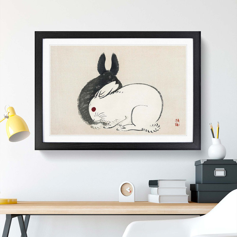 Black and White Rabbits by Kono Bairei - Picture Frame Painting Print, 62cm H x 87cm W x 2cm D, Black Framed