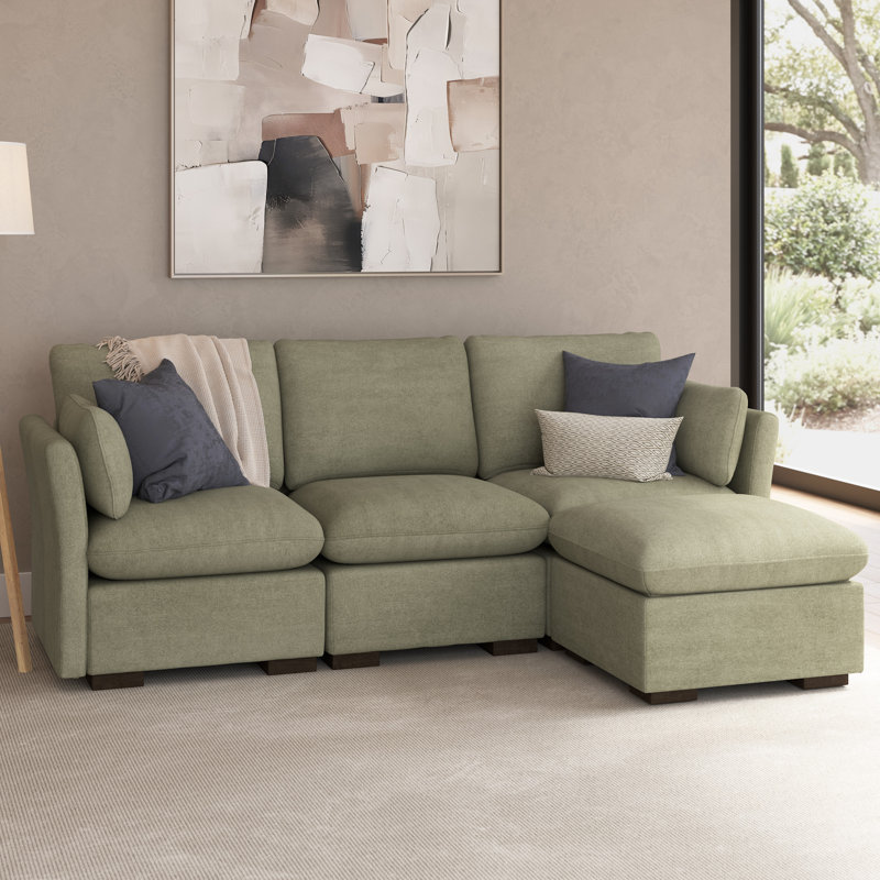 Stedman Modular 3-Seater Reversible Chaise Sectional, Living Room Furniture, Soft Green Polyester