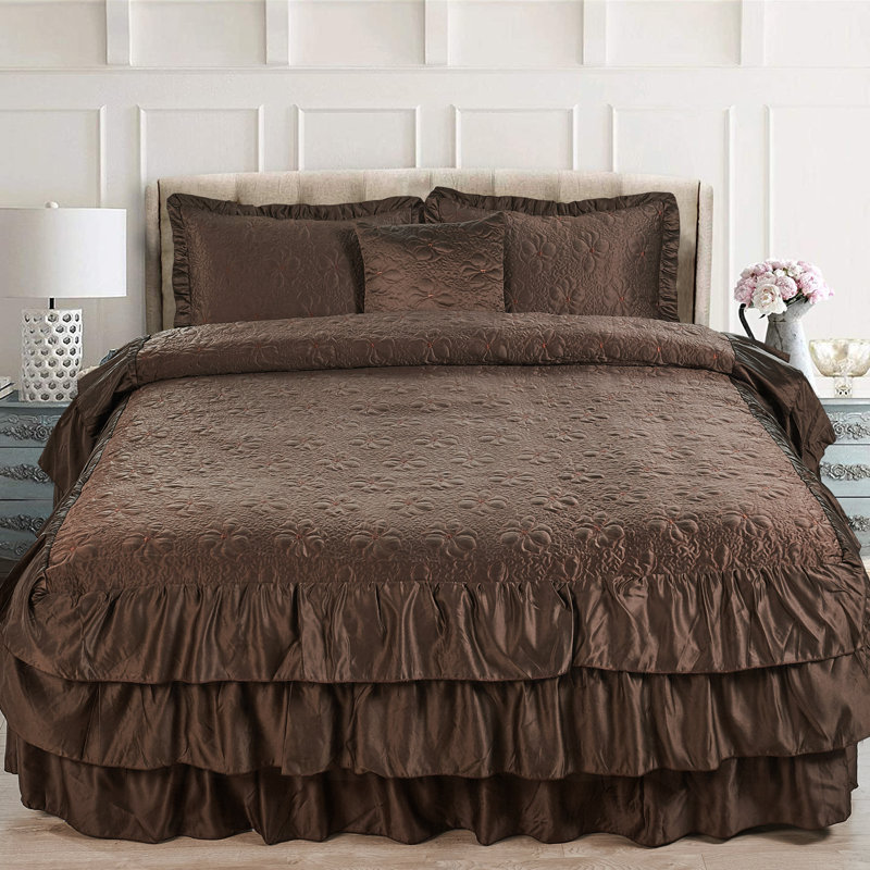 4 Piece Ruffle Matte Satin Bedspread Set, King Coverlet + 2 King Shams + Throw Pillow, Chocolate