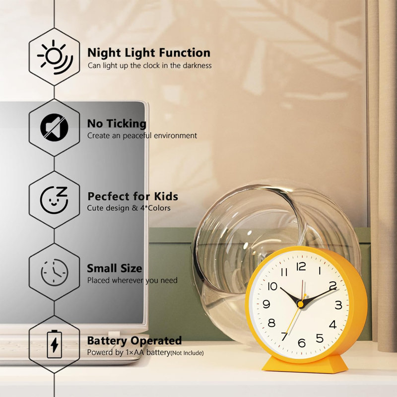 4.5" Analogue Alarm Clock,Small Retro Desk Clock Battery Operated,Slient Metal Table Clock With Light (Orange)