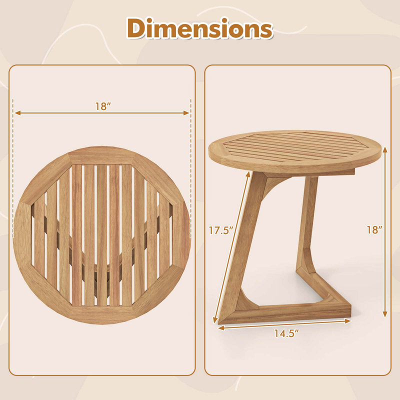 2 PCS Teak Wood Side Table Round Sofa End Table with Slatted Tabletop Nightstand