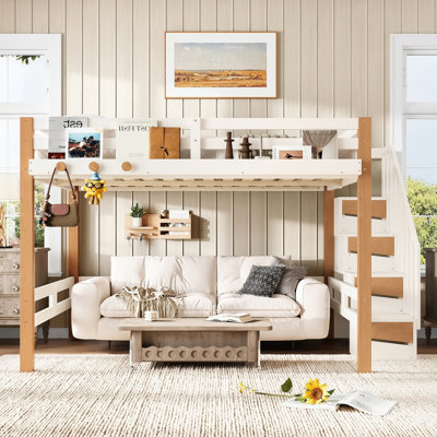 Full Loft Bed with Clothes Hook and Storage Shelves, Wood Loft Bed Frame with Little Shelves for Books, Ample Under-bed Spaces