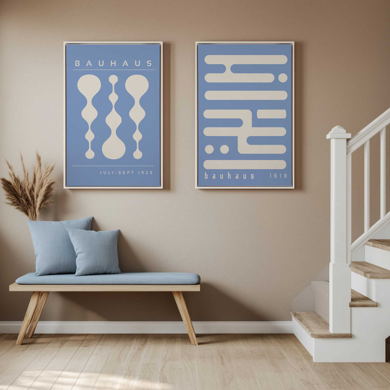 Ensemble de 2 rétro et circuits bleu Bauhaus, Cadre flottant blanc opaque, H 19 po x l 26 po