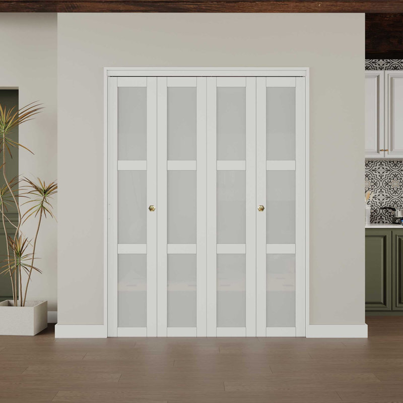 Porte pliante 3 pièces en verre givré avec trousse d'installation et poignée ronde, 60 po x 80 po