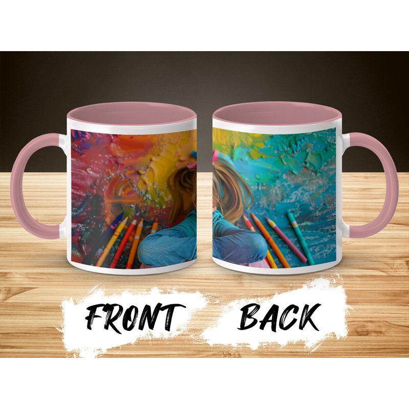 Kids Drawing Style 11oz Accent Mugs – Ceramic Coffee Cup with a Pink Handle and Interior