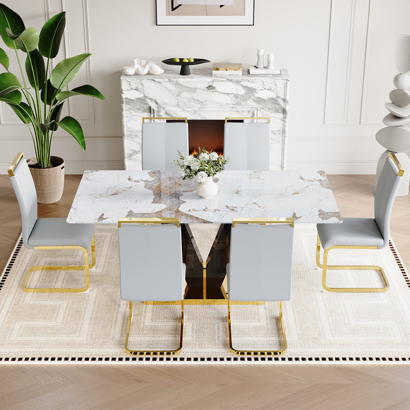 71'' Marble Dining Table Set,gold Dining Room Table Set With V-shaped Black Glossy Pillars, 7 Pieces: Table, 6 Chairs, Gray