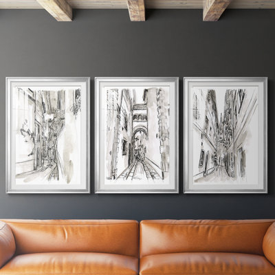 Europe Street Sketches I  -Custom Framed  Premium Print W Matt - 3 Pieces