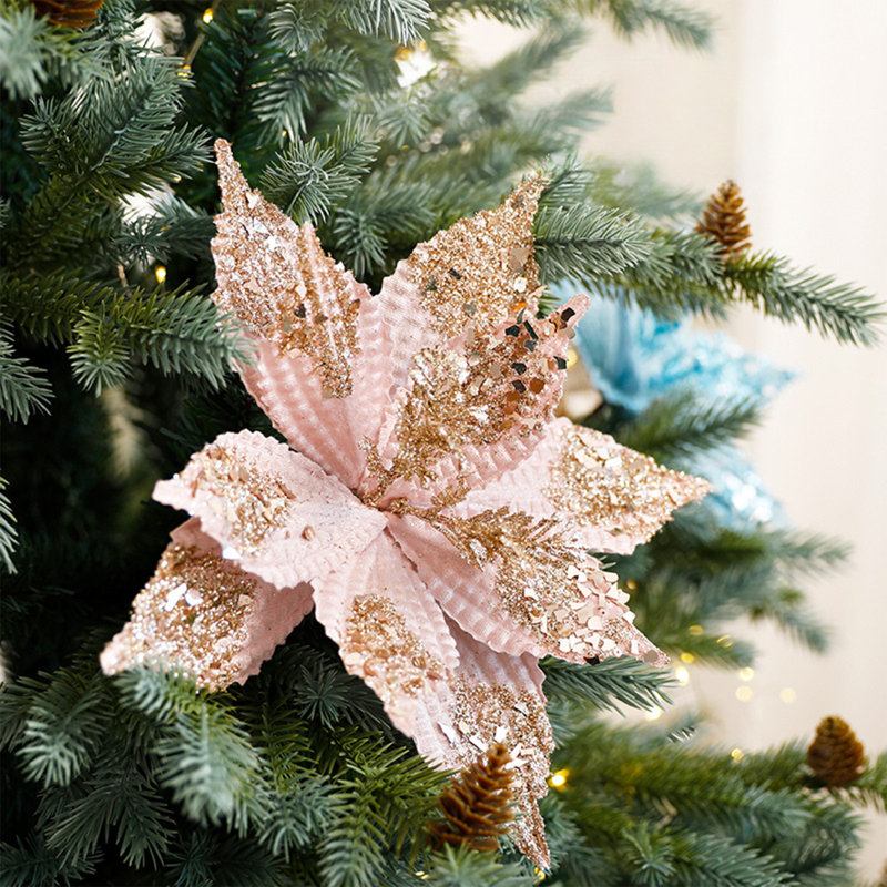  Faux fleurs artificielles en fausse soie de Noël Magnolia scintillant avec tiges Décoration d'arbre de Noël Couronne de fleurs Décoration de Noël