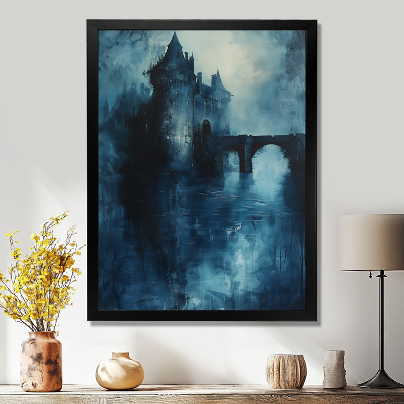 Art mural gris gris et bleu de la forteresse médiévale Wareea, Toile encadrée noire simple, H 20 po x l 12 po x P 1 po