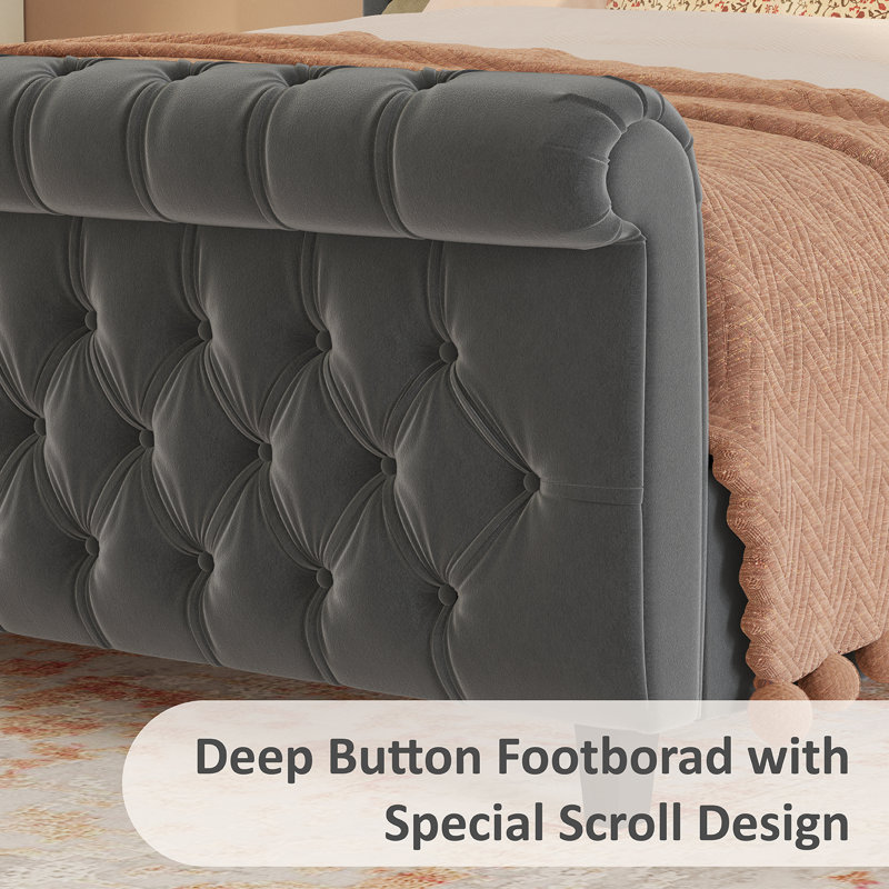 Gray Velvet Queen Platform Bed with Tufted Headboard and Footboard
