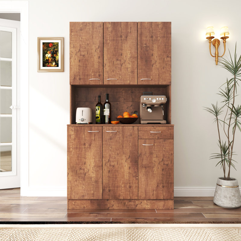 Armoire de cuisine Isildo avec portes, tiroir et tablettes ouvertes, Noyer