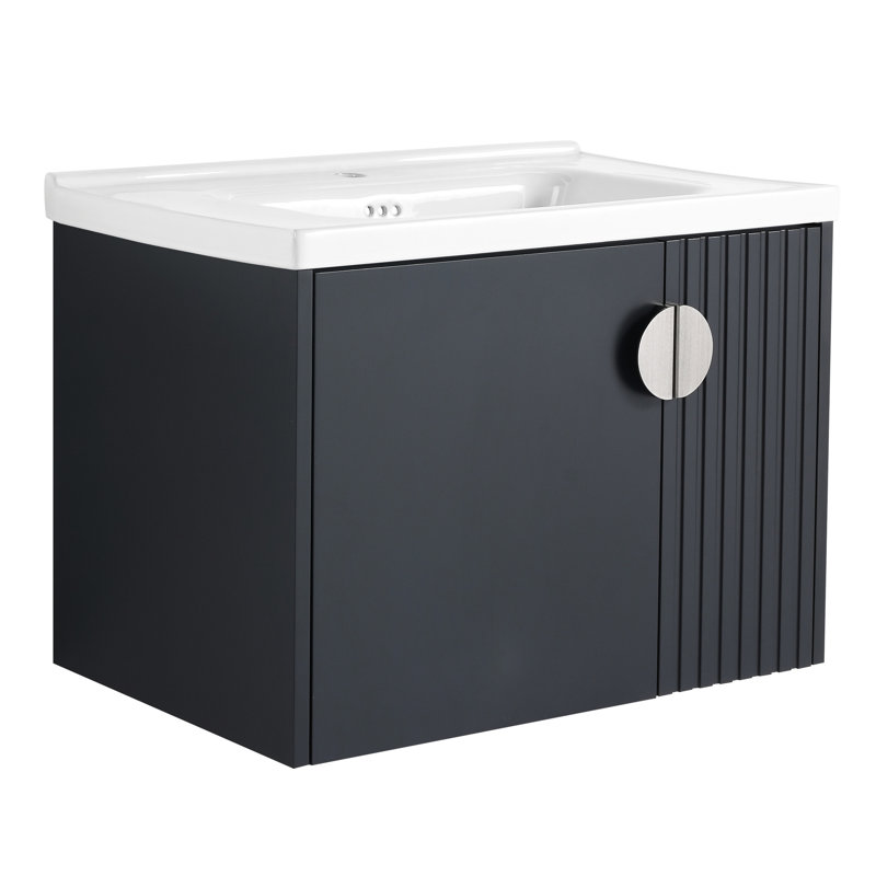Meuble-lavabo de salle de bain avec lavabo en céramique - Porte murale à fermeture douce de 28 pouces et poignées en métal de style moderne pour petites salles de bain