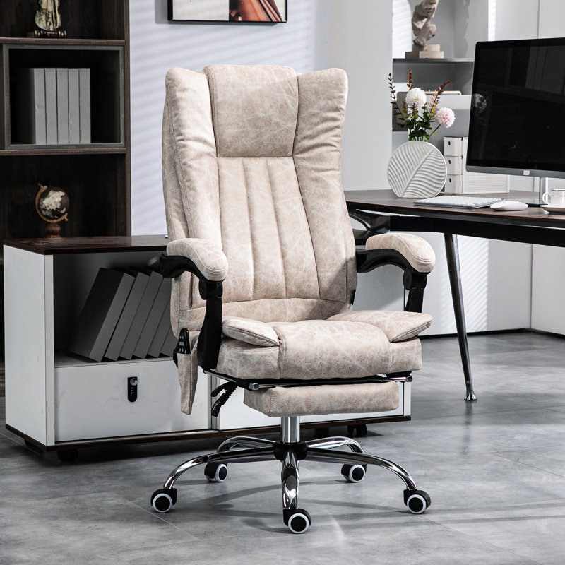 Chaise de bureau blanc crème avec massage vibrant 6 points, repose-pieds en microfibre