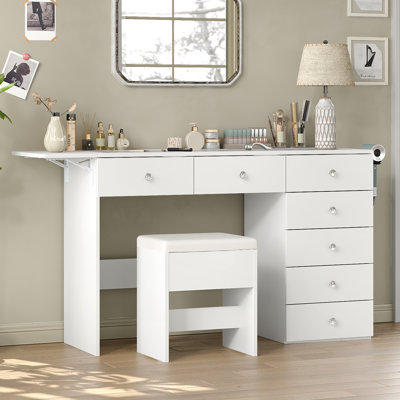 Coiffeuse sans miroir, 7 tiroirs, station de recharge, plateau en verre, panneau pliable, tabouret