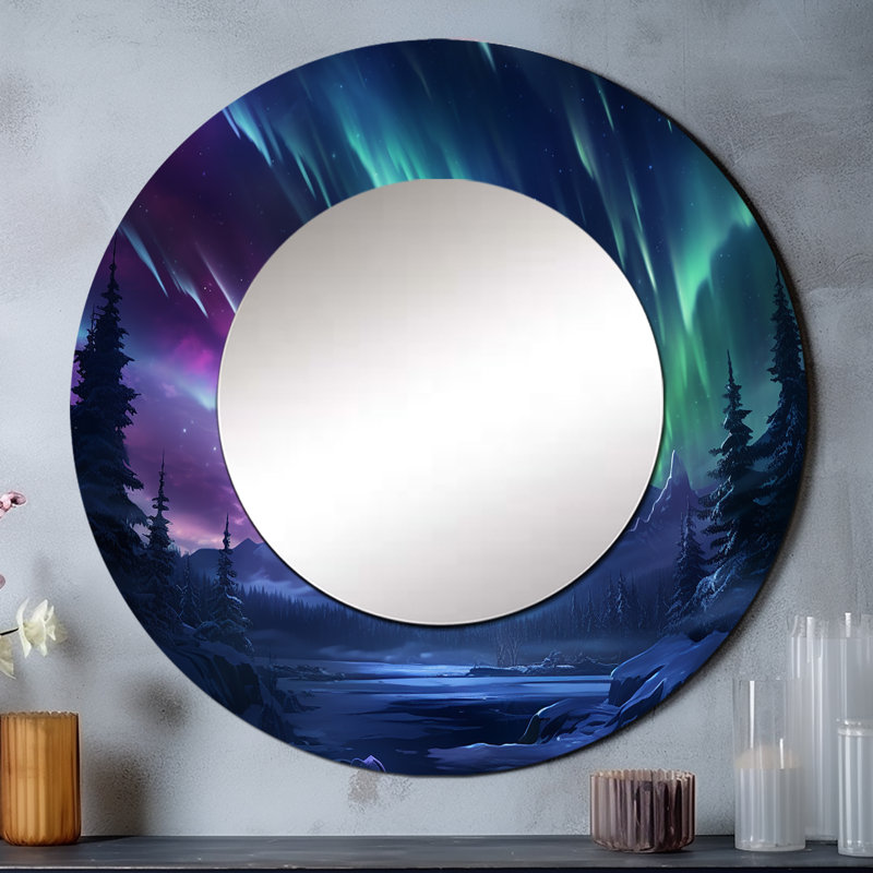 Vibrant Northern Lights - Aurora Borealis Large Mirror, Blue Round Decorative Wall Mirror, Printed Metal Art, 23" x 23"