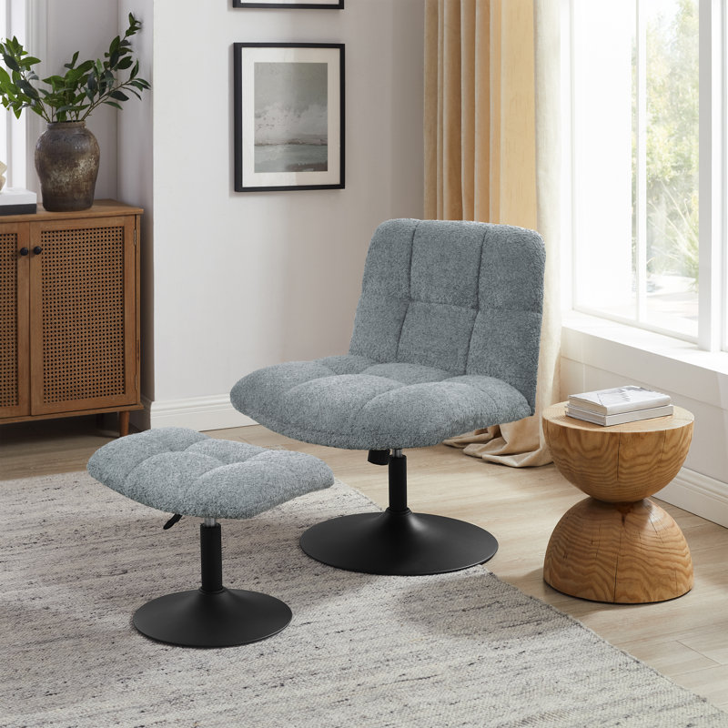 Upholstered Tufted Swivel Accent Chair With Ottoman, Height Adjustable Lounge Chair, Gray Terry Cloth