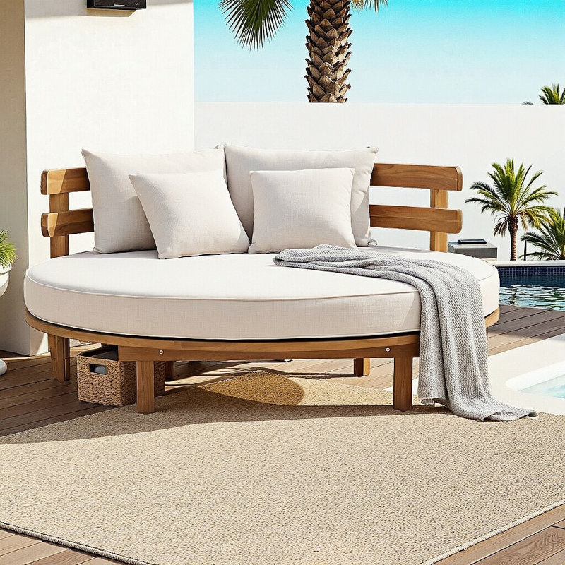 Timberlane Acacia Wood Round Patio Daybed, Outdoor Lounger with Half-Round Slatted Backrest, Foldable Cushion & 4 Pillows, Water-Resistant Covers for Backyard, Poolside, Garden