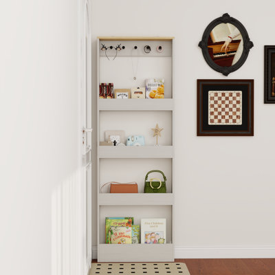 Bibliothèque derrière la porte de 69 po de hauteur avec 4 tablettes et 5 crochets, armoire de rangement étroite pour le salon, la chambre d'enfant, la salle d'étude, la cuisine