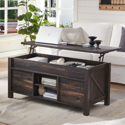 Chanya 48""W Farmhouse Lift Top Storage Coffee Table with Sliding Barn Door, Adjustable Shelf -  Millwood Pines, 612708CA2282462C93D5920040BF4452