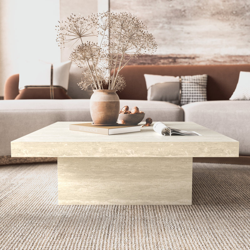 Caomhan Block Coffee Table, Travertine, 12.2" H x 35.4" L x 35.4" W