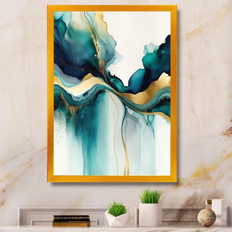 «Teal and Gold Abstract Expression I», art mural abstrait à l'encre liquide, Cadre photo doré, L 16 po x H 32 po