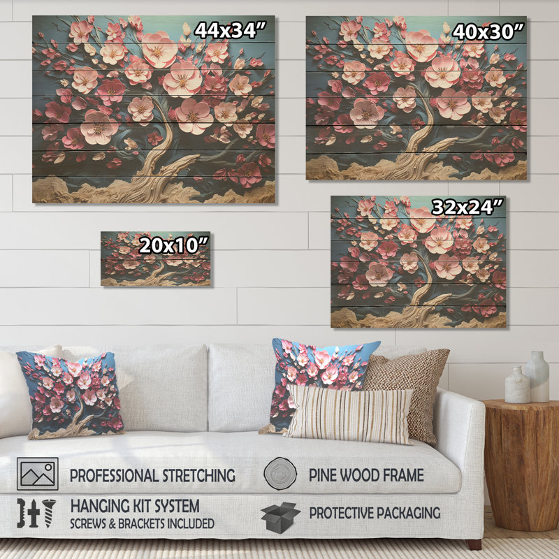 Arbre dynamique sur pétales blanches et roses I - impression sur bois, H 24 po x l 32 po