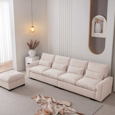 Chenille en L 114,5 po avec rangement réversible, hublots et porte-gobelet, coussins lavables, meubles de salon beiges, hublots,
