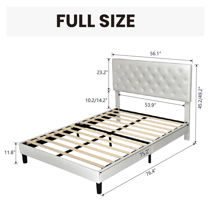 Full Size Modern Faux Leather Upholstered Platform Bed Frame, with Button Tufted Headboard, No Box Spring Needed, Full, White