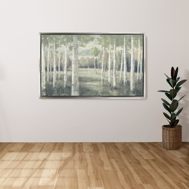 "Light Aspens" par Danhui Nai, reproduction sur toile dans un cadre flottant argenté, H 27,5 po x l 43,5 po
