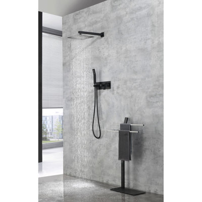 Robinet de douche noir mat - pomme de douche pluviale de 10 pouces et douchette, laiton de salle de bain de luxe, avec valve brute avec mélangeur de pluie mural, buse autonettoyante incluse