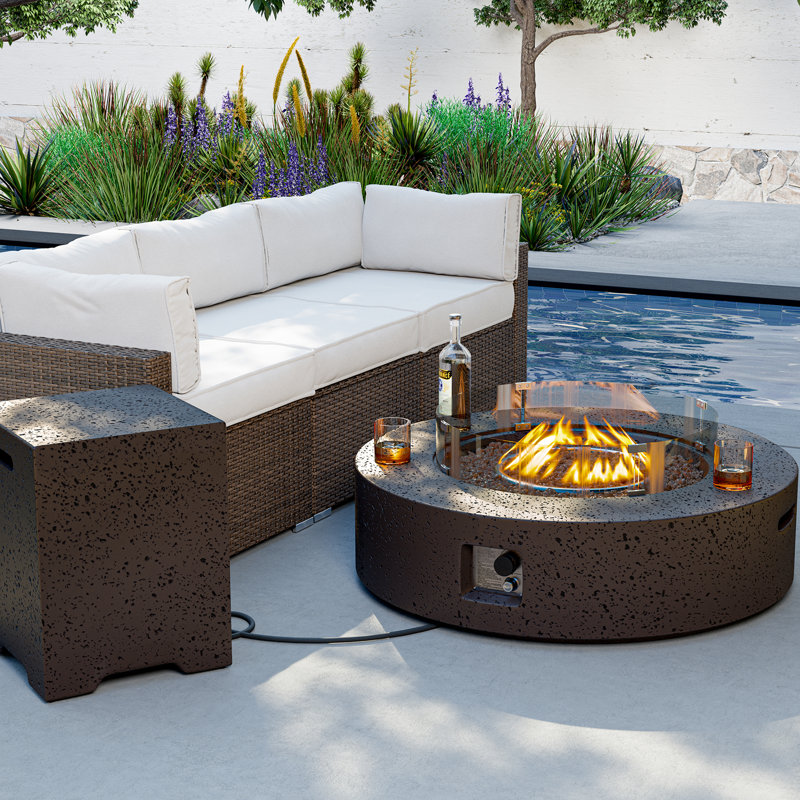 Kinzie Round Concrete Propane Smokeless Fire Pit Table, Brown
