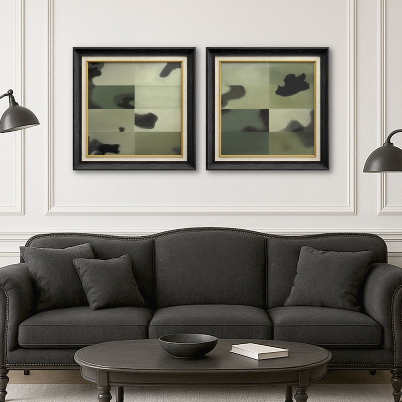Ensemble d'art abstrait vert et gris anthracite, H 26 po x l 26 po x P 1,5 po, Cadre de galerie noir