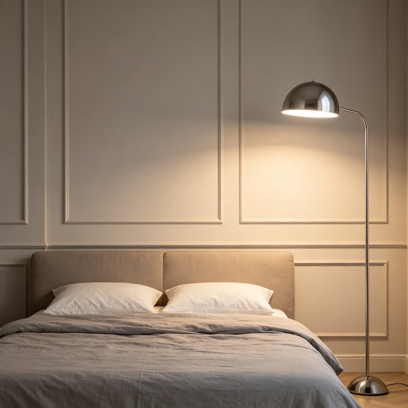 Lampe sur pied industrielle pour le salon, lampe sur pied haute avec abat-jour en dôme en métal pour chambre à coucher, bureau, chambre de bébé, lampe de lecture d'angle, finition chromée