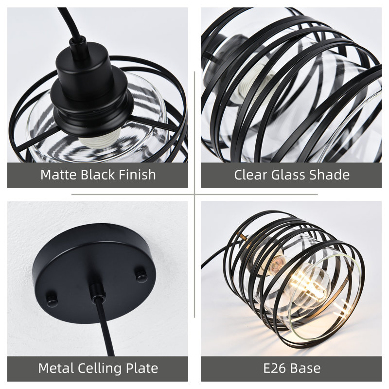 Yadah 1 - Light 6.29" Wide Pendant Light with Cylinder Glass Shade for Kitchen Island, Black, Clear