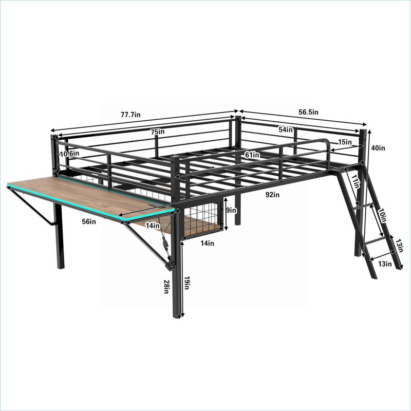 Lit mezzanine double style industriel, bureau classique en fer noir avec bureau intégré, bande lumineuse à DEL et rangement sous le lit