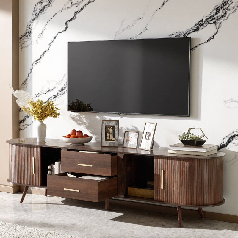 71" Mid-Century TV Stand for 80" TVs, Dark Brown Woodgrain, Sliding Doors, 2 Drawers, Solid Pine Legs
