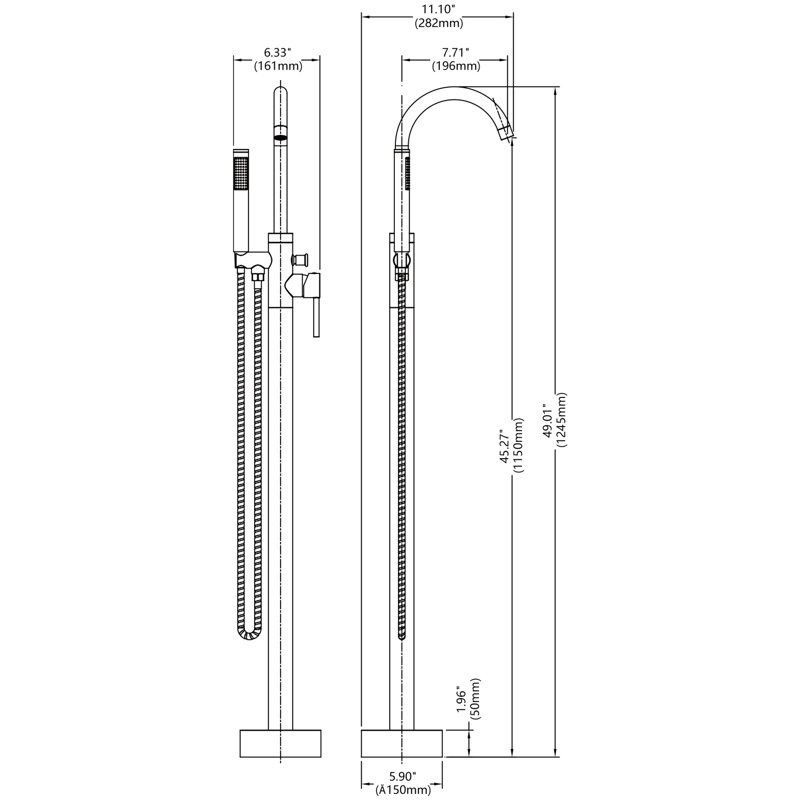 Robinet de baignoire autoportant fixé au sol - noir mat, matériau, avec douche à main et fixation ergonomique à débit élevé, qualité de fabrication supérieure