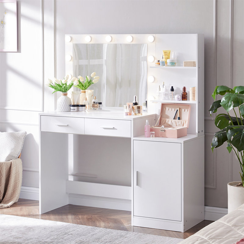Bureau de coiffeuse avec miroir et lumières, Blanc