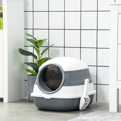 Grande boîte à litière pour chat à l'avant, pliable et pratique, facile à nettoyer, gris-blanc, assainisseur d'air pour un meilleur espace de vie avec couvercle, compacte, agréable